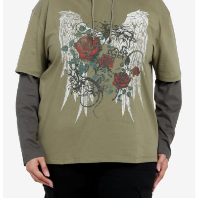 Social Collision Angel Wings Twofer Hooded Girls Long-Sleeve T-Shirt Plus Size