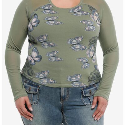 Thorn & Fable® Butterfly Mesh Panel Girls Long-Sleeve Top Plus Size