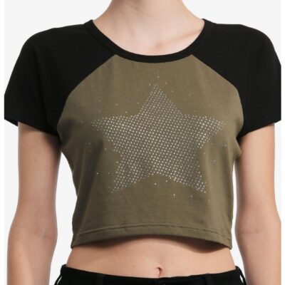 Star Rhinestone Dark Raglan Girls Crop T-Shirt