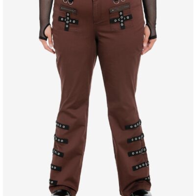 Social Collision Brown Contrast Grommet Strap Flare Pants Plus Size