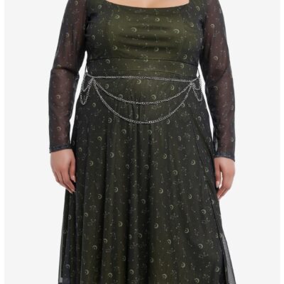 Cosmic Aura Gold Constellation Chain Belt Long-Sleeve Dress Plus Size