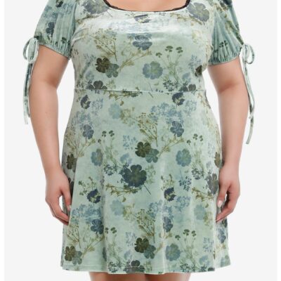 Daisy Street Green Floral Velvet Puff Sleeve Mini Dress Plus Size