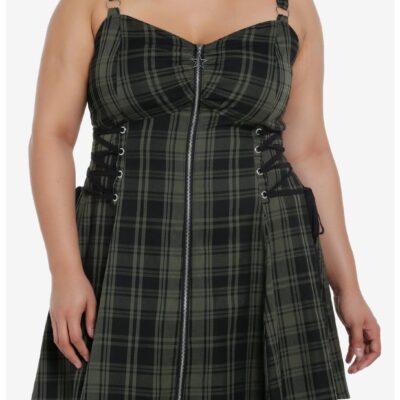 Social Collision Green & Black Zipper Plaid Cami Dress Plus Size