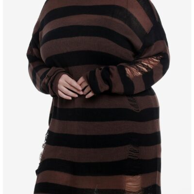 Social Collision Black & Brown Stripe Destructed Sweater Dress Plus Size