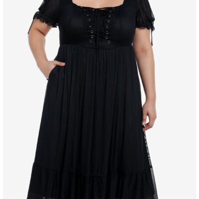 Cosmic Aura Black Lace-Up Mesh Puff Sleeve Midi Dress Plus Size