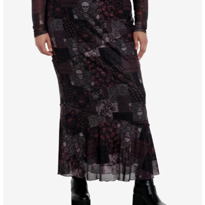 Social Collision Skull Paisley Patchwork Maxi Skirt Plus Size