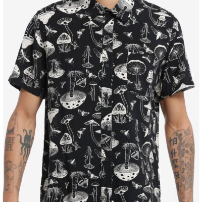 Social Collision Black & White Mushroom Woven Button-Up