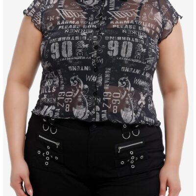 Social Collision® Newsprint Mesh Girls Button-Up Top Plus Size