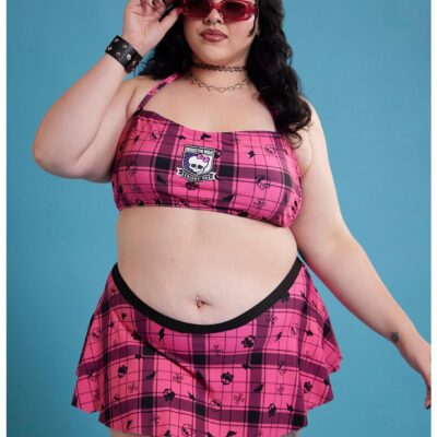 Monster High Pink Plaid Icons Halter Swim Top Plus Size