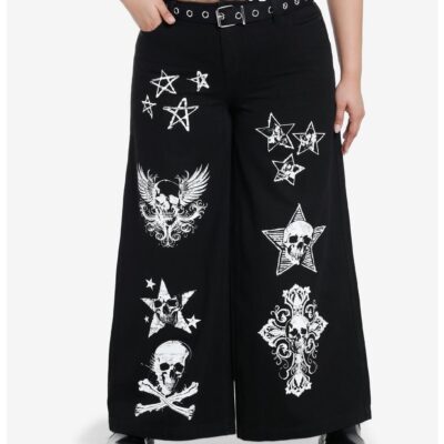 Black Skull Icons Belted Girls Wide-Leg Jeans Plus Size