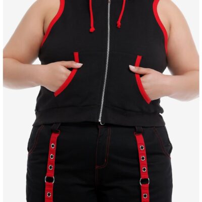 Daisy Street Red & Black Girls Crop Sleeveless Hoodie Plus Size