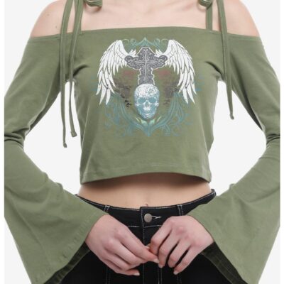 Winged Skull Bell Sleeve Girls Cold Shoulder Top