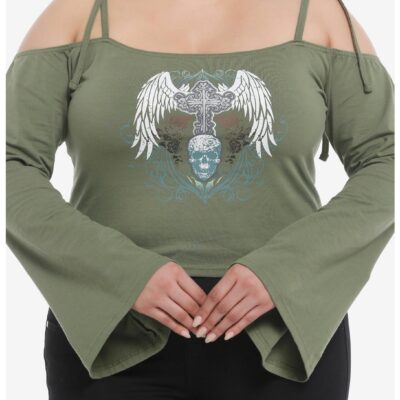 Winged Skull Bell Sleeve Girls Cold Shoulder Top Plus Size