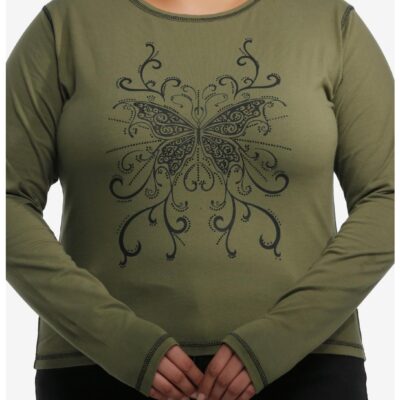 Daisy Street Butterfly Filigree Rhinestone Girls Long-Sleeve T-Shirt Plus Size