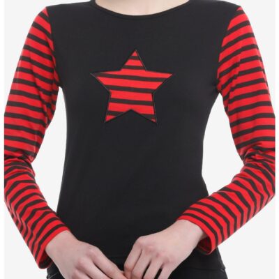 Social Collision® Black & Red Stripe Star Girls Long-Sleeve Crop Top