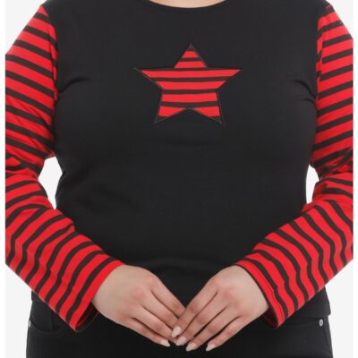 Social Collision® Black & Red Stripe Star Girls Long-Sleeve Crop Top Plus Size