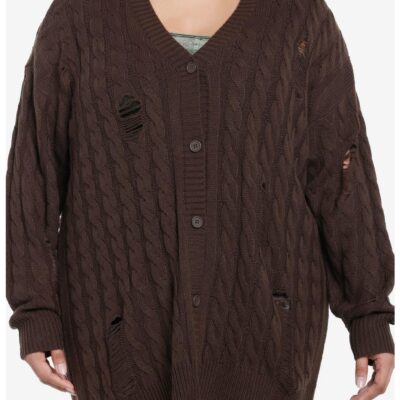 Thorn & Fable Brown Destructed Girls Boxy Knit Cardigan Plus Size