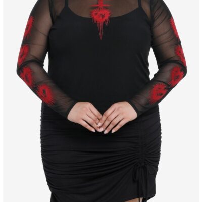 Social Collision Red Heart Dagger Black Mesh Girls Twofer Long-Sleeve Top Plus Size