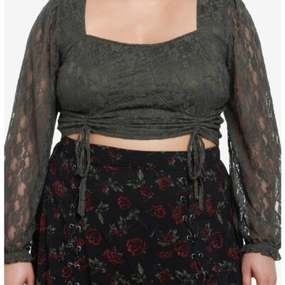 Thorn & Fable Green Lace Ruched Girls Crop Long-Sleeve Top Plus Size