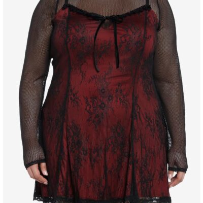 Social Collision Black & Red Lace Twofer Long-Sleeve Dress Plus size