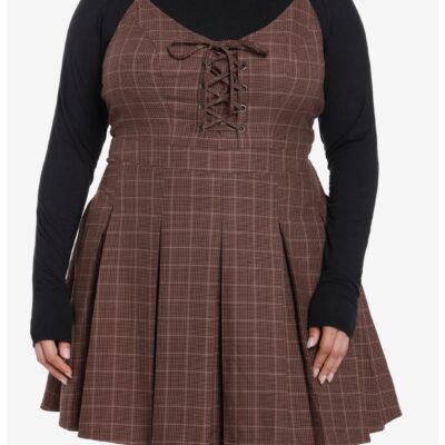 Social Collision Brown Plaid Long-Sleeve Twofer Dress Plus Size