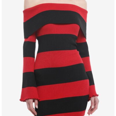 Black & Red Stripe Off-The-Shoulder Long-Sleeve Dress