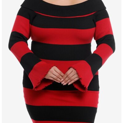 Black & Red Stripe Off-The-Shoulder Long-Sleeve Dress Plus Size