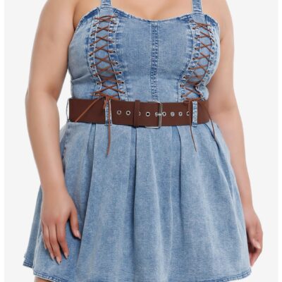 Sweet Society® Brown Lace-Up Belted Denim Dress Plus Size