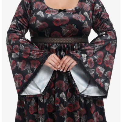 Thorn & Fable Rose Moth Velvet Bell Sleeve Dress Plus Size