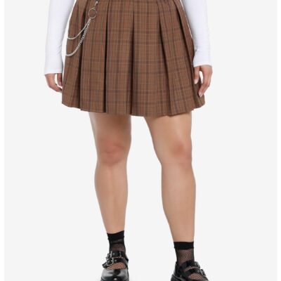 Social Collision Brown Plaid Chain Pleated Skirt Plus Size