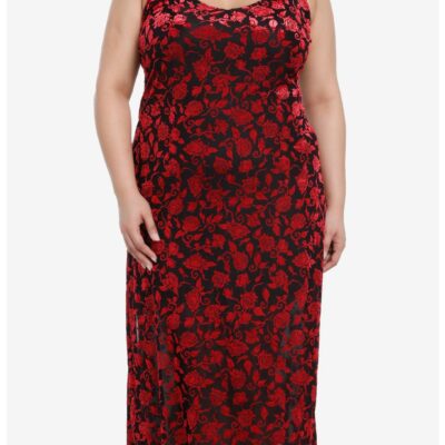 Social Collision Black & Red Roses Velvet Midaxi Dress Plus Size