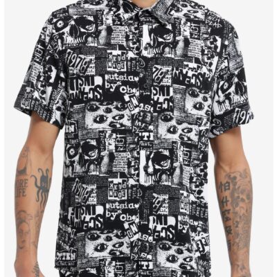 Social Collision® Goth Newsprint Woven Button-Up