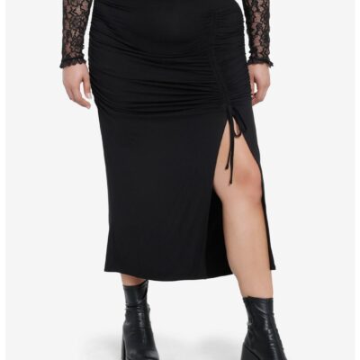 Cosmic Aura Black Ruched Midi Skirt Plus Size