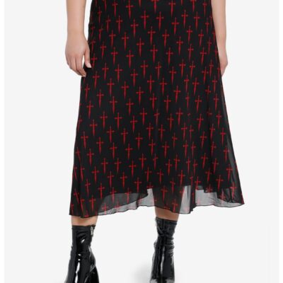 Social Collision Black & Red Dagger Mesh Midi Skirt Plus Size