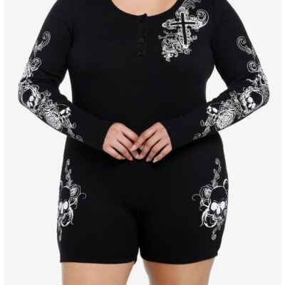 Social Collision Skulls & Crosses Ribbed Romper Plus Size