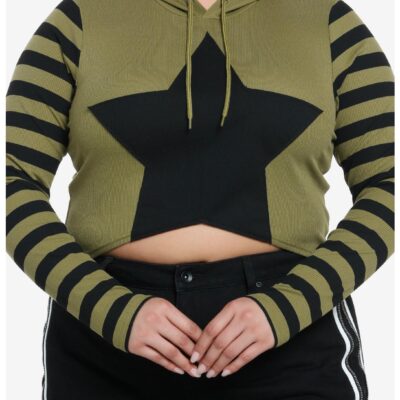 Social Collision Black & Green Stripe Star Girls Crop Hoodie Plus Size