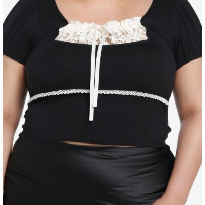 Thorn & Fable Black & Ivory Lace Girls Puff Sleeve Top Plus Size