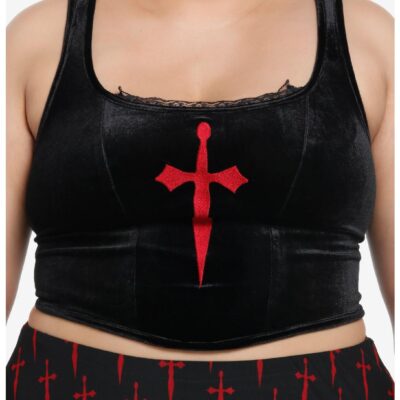 Social Collision Red Dagger Cross Velvet Lace-Up Girls Top Plus Size