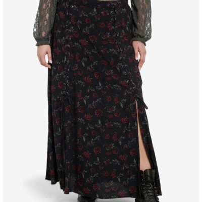 Thorn & Fable Dark Red Rose Lace-Up Maxi Skirt Plus Size