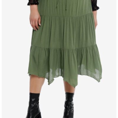 Thorn & Fable® Green Tiered Hanky Hem Midi Skirt Plus Size