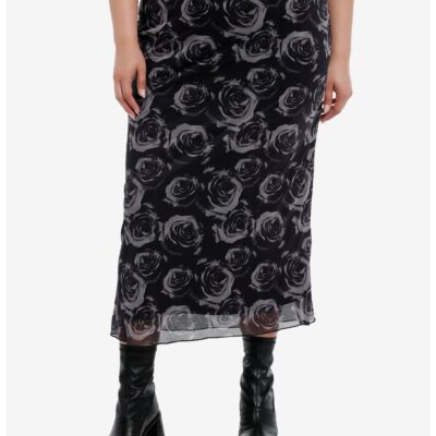 Cosmic Aura® Black & Grey Roses Midi Skirt