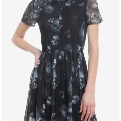 Black Skull Collared Mesh Skater Dress