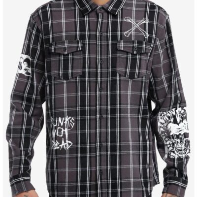 Social Collision® Black & White Plaid Punk Icons Long-Sleeve Woven Button-Up