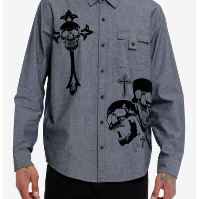 Social Collision® Black Flocked Skull Long-Sleeve Woven Button-Up