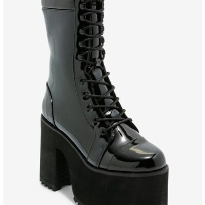 Strange Cvlt Shiny Black Raven Platform Boots