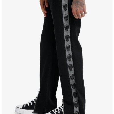 Black Skull Stripe Zipper Wide Leg Pants