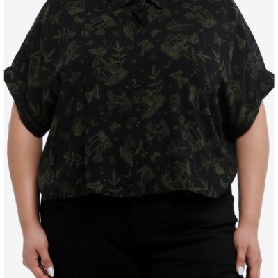 Cosmic Aura Black & Green Mushroom Girls Crop Woven Button-Up Plus Size