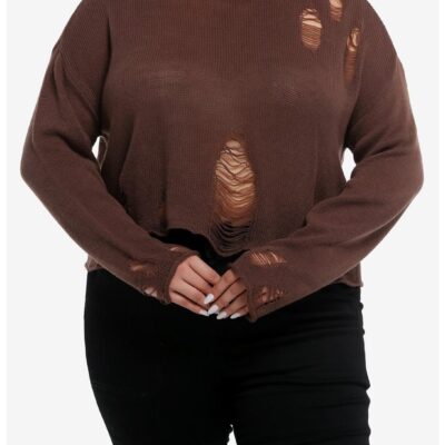 Social Collision® Brown Distressed Girls Crop Sweater Plus Size