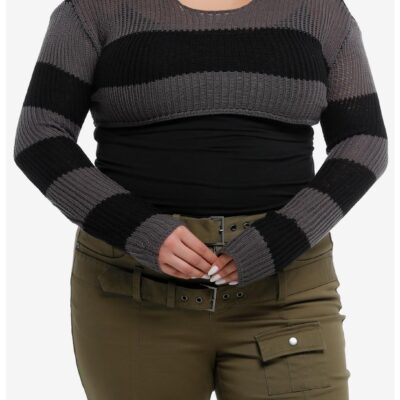 Social Collision® Black & Grey Stripe Girls Crop Knit Sweater Plus Size