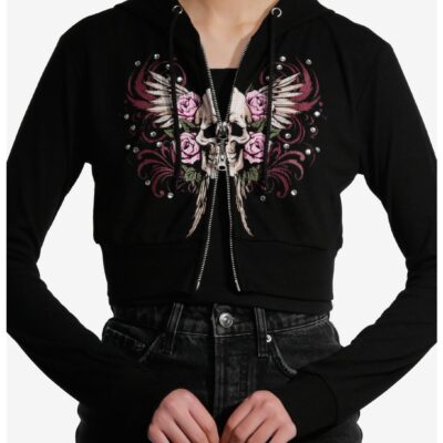 Social Collision® Skull & Roses Rhinestone Girls Crop Hoodie